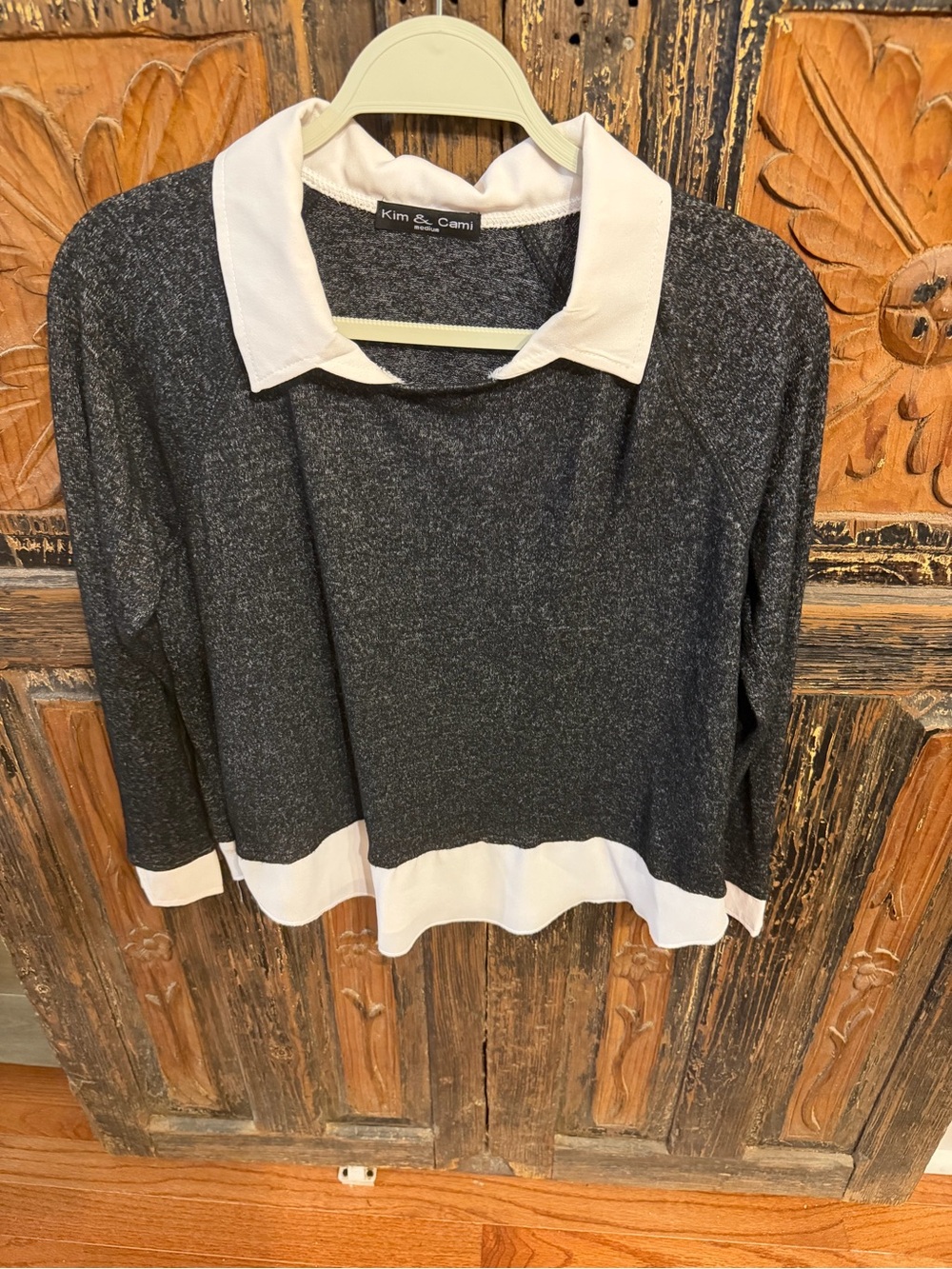 Kim & Cami Black Knit Layered-Look Sweater with White Collar